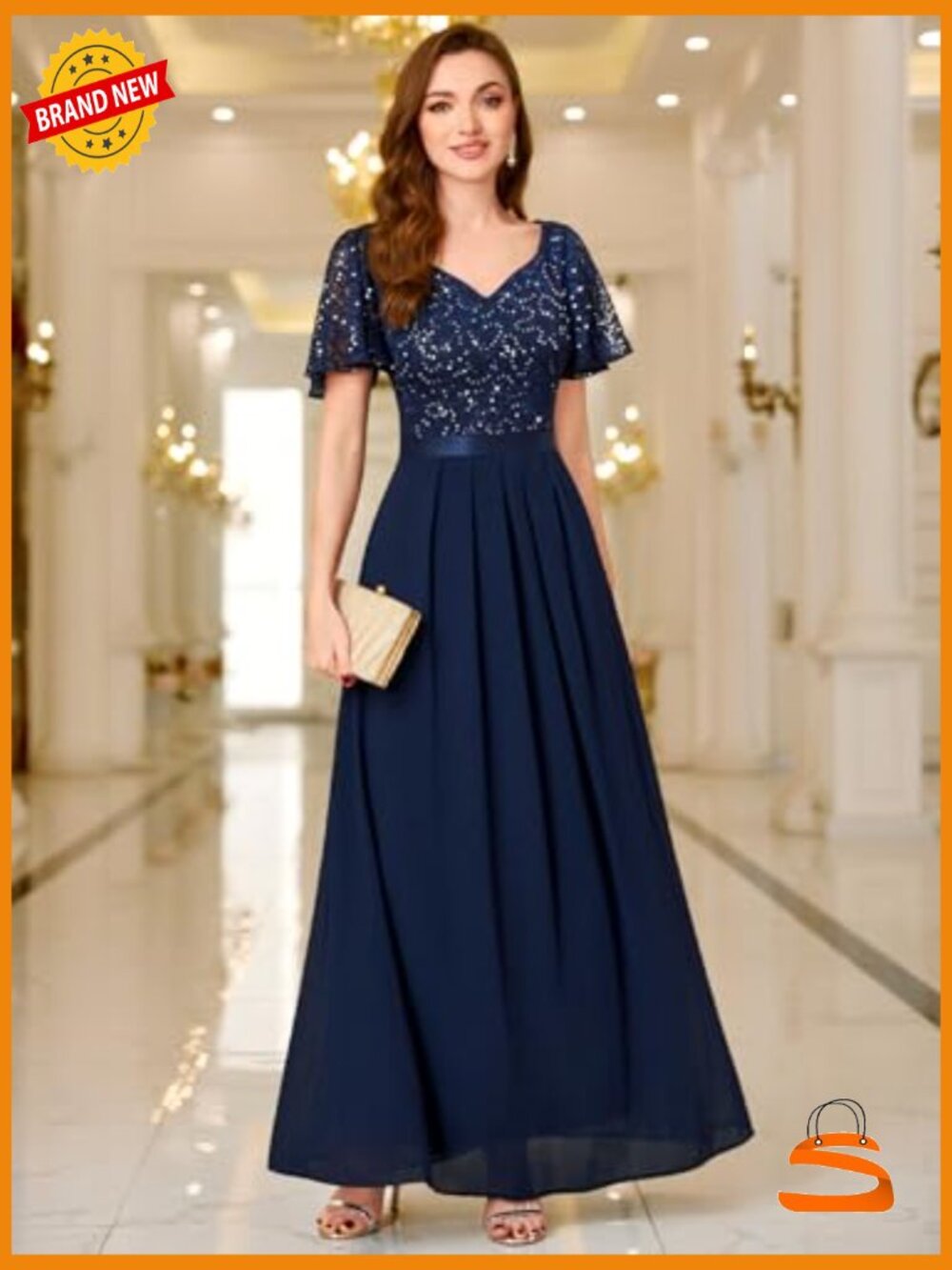 Retro V-Neck Ruffle Sleeve Sequined Lace Bridesmaid Party Maxi Dress - Picture 3 of 6